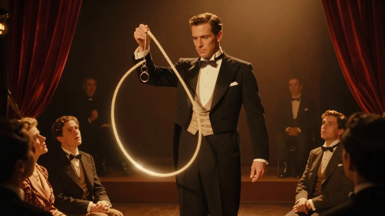 Magician in tuxedo performing magic loop under spotlight with amazed audience in background.