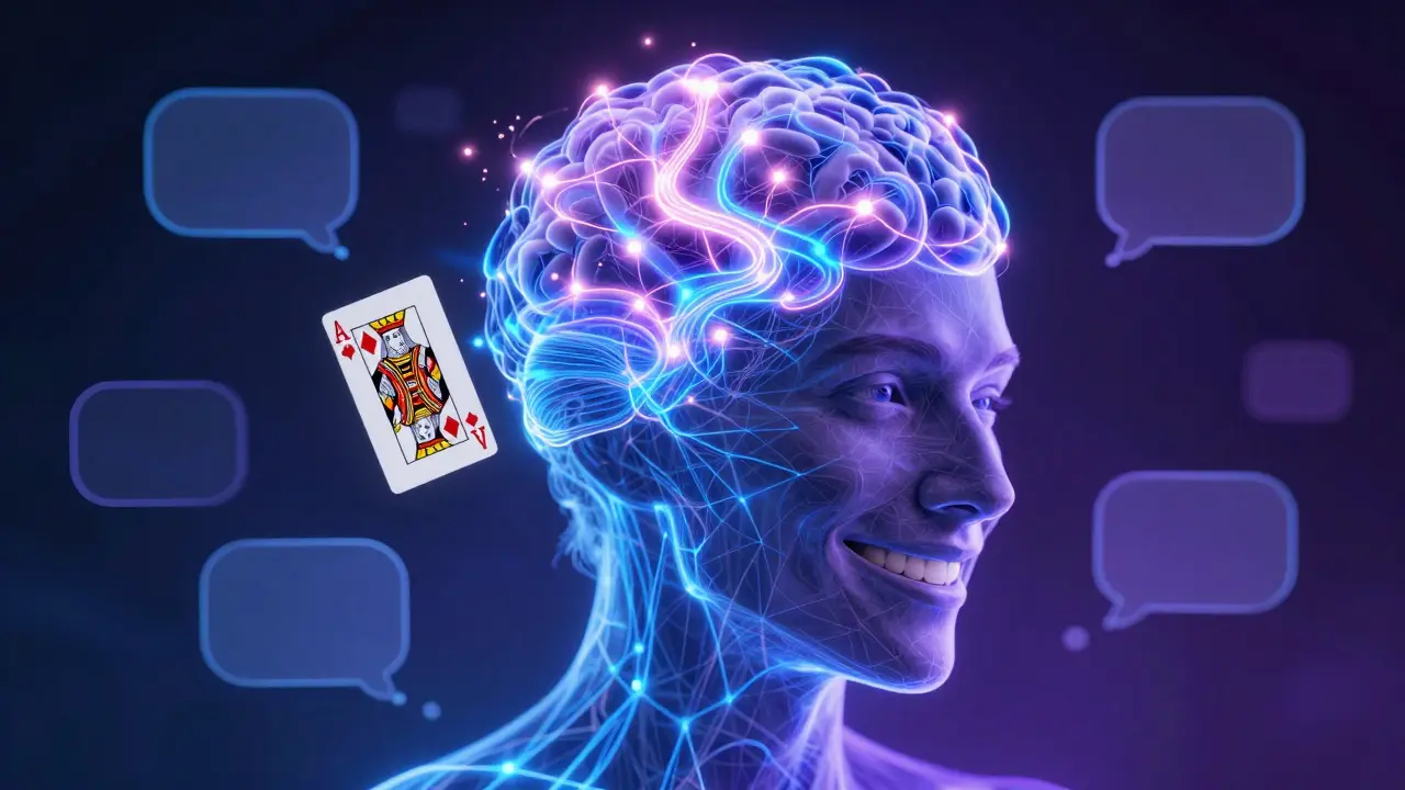 Neural network glowing over magician's face during card trick, showing brain activity.