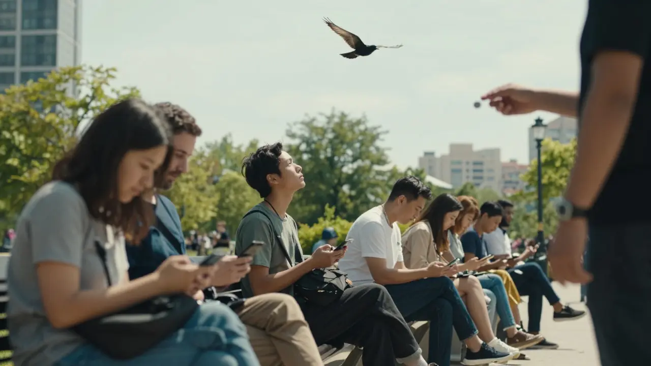 People in a park are distracted by a dropped coin, missing a bird flying overhead—illustrating redirected attention.