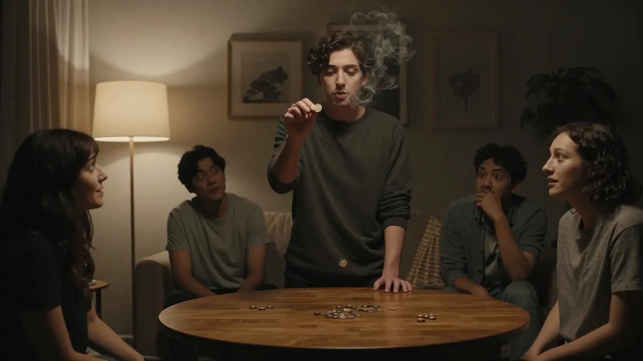 Performer holding a coin above a table as friends react with wonder in a cozy room.