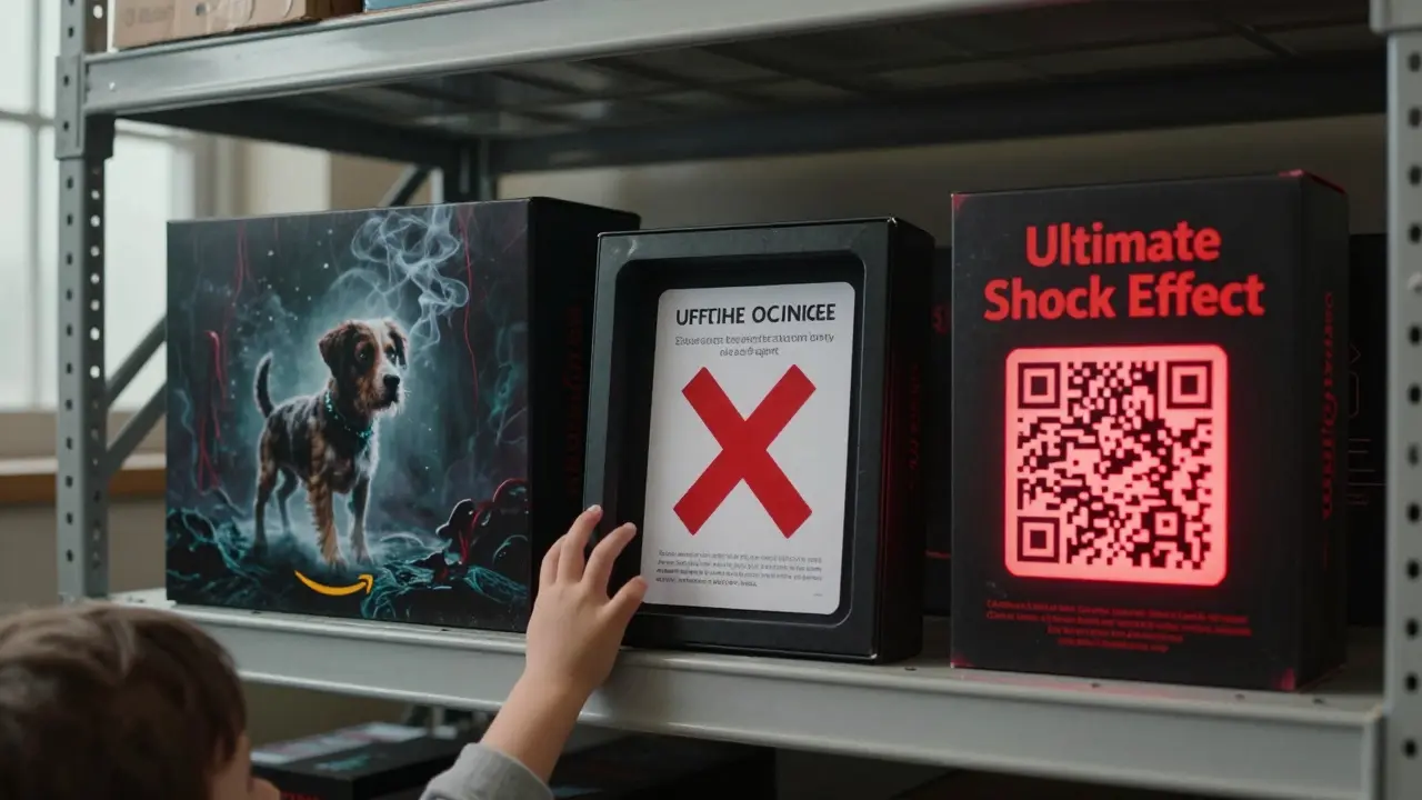 Sinister magic kits on a warehouse shelf featuring fake illness, death, and trauma props.