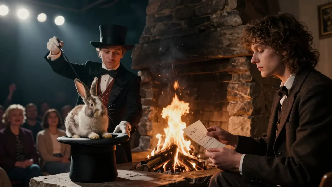 Split image: magician performing a trick on one side, person burning a note in a hearth on the other.