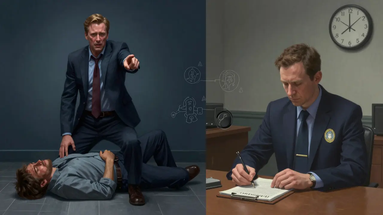 Split image: TV mentalist dramatically solving a case vs real investigator calmly documenting evidence.