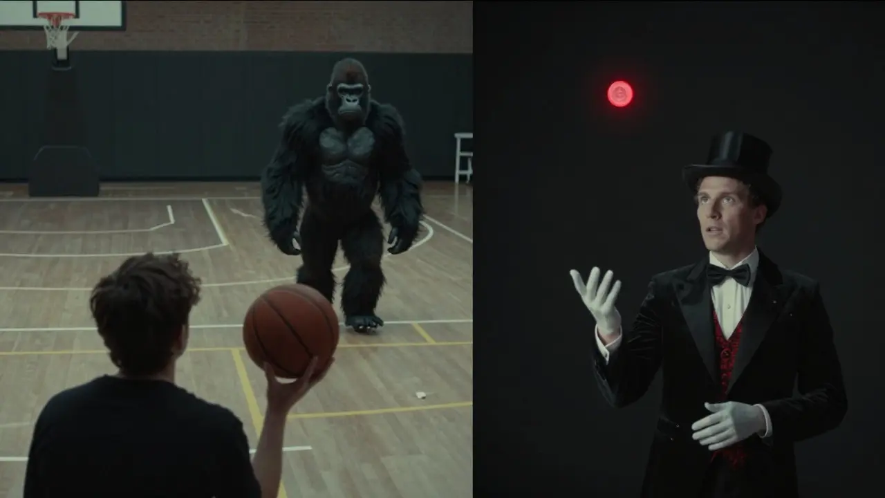 Split scene: person missing gorilla in video and magician making coin vanish.
