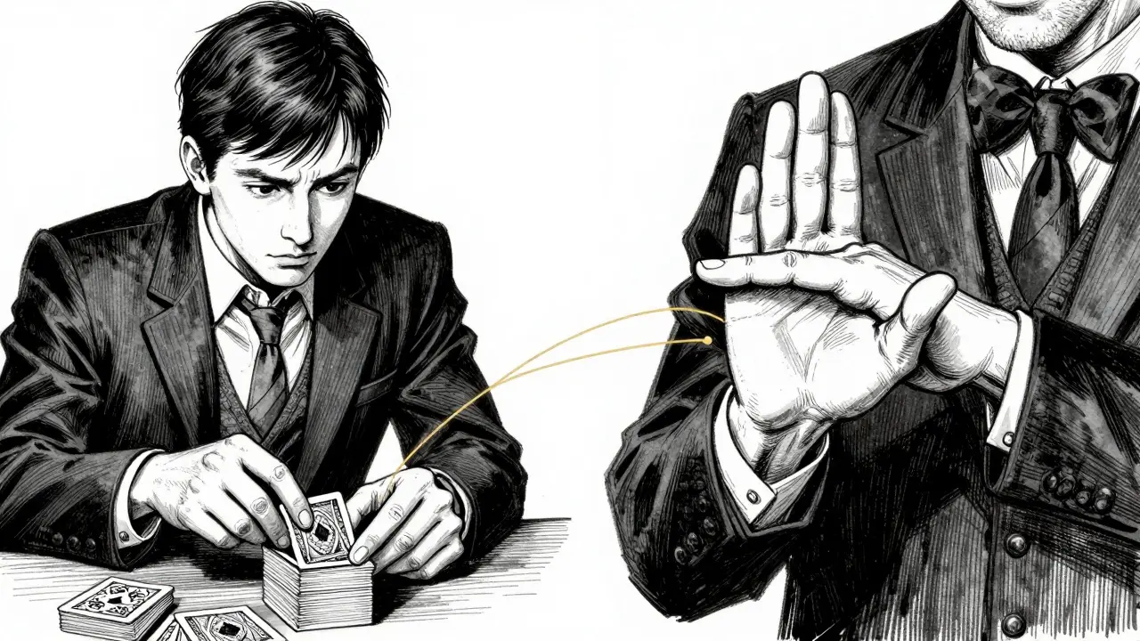 Split scene: person shuffling cards and mentalist’s hidden hand gesture guiding the selection.