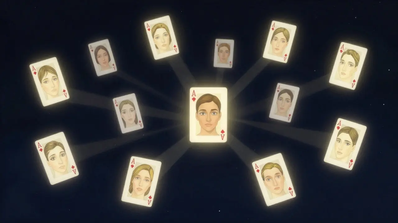 Twelve glowing court cards floating in darkness, connected by light beams to watching eyes.
