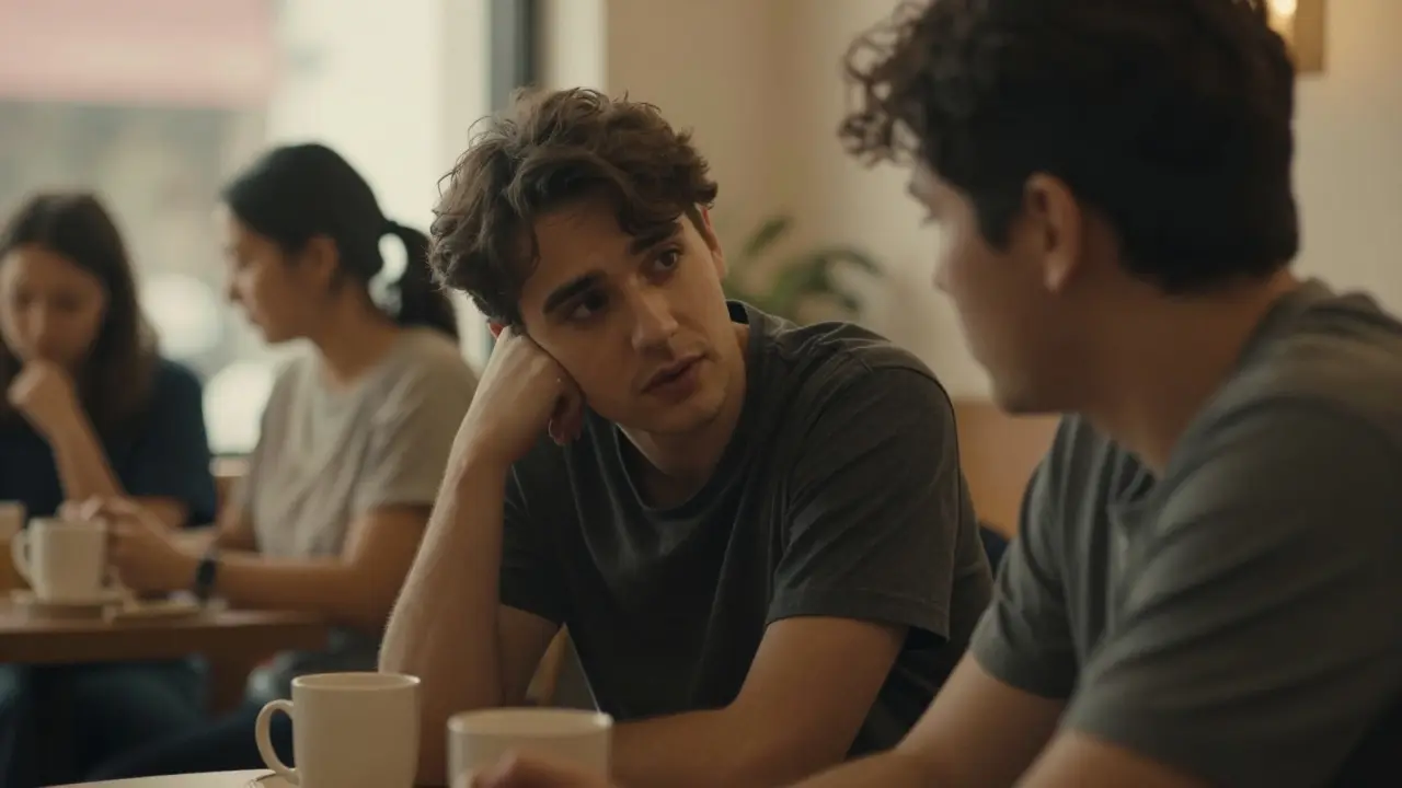 Two people in a coffee shop, one listening closely as the other speaks with a cracked voice.