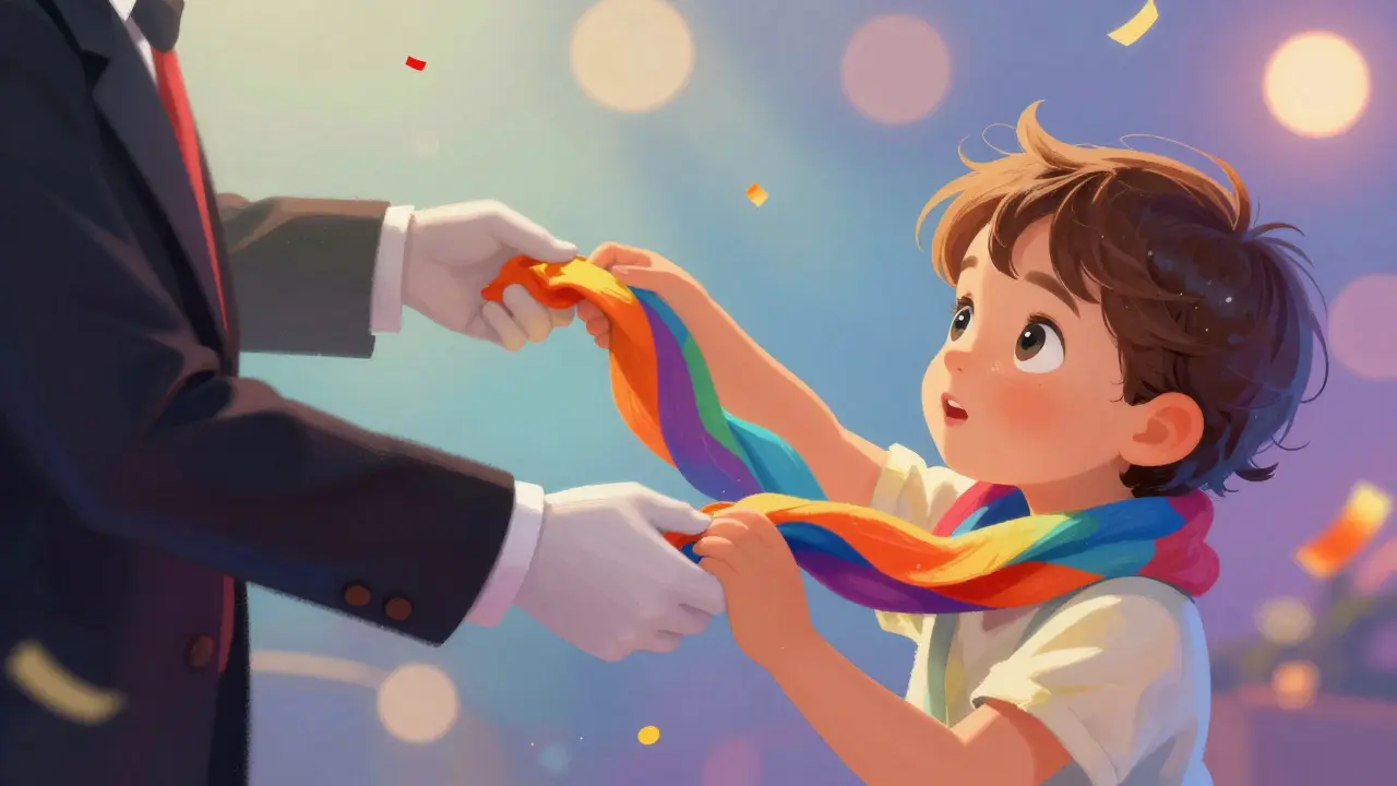 Young child fascinated as magician pulls scarf from sleeve.