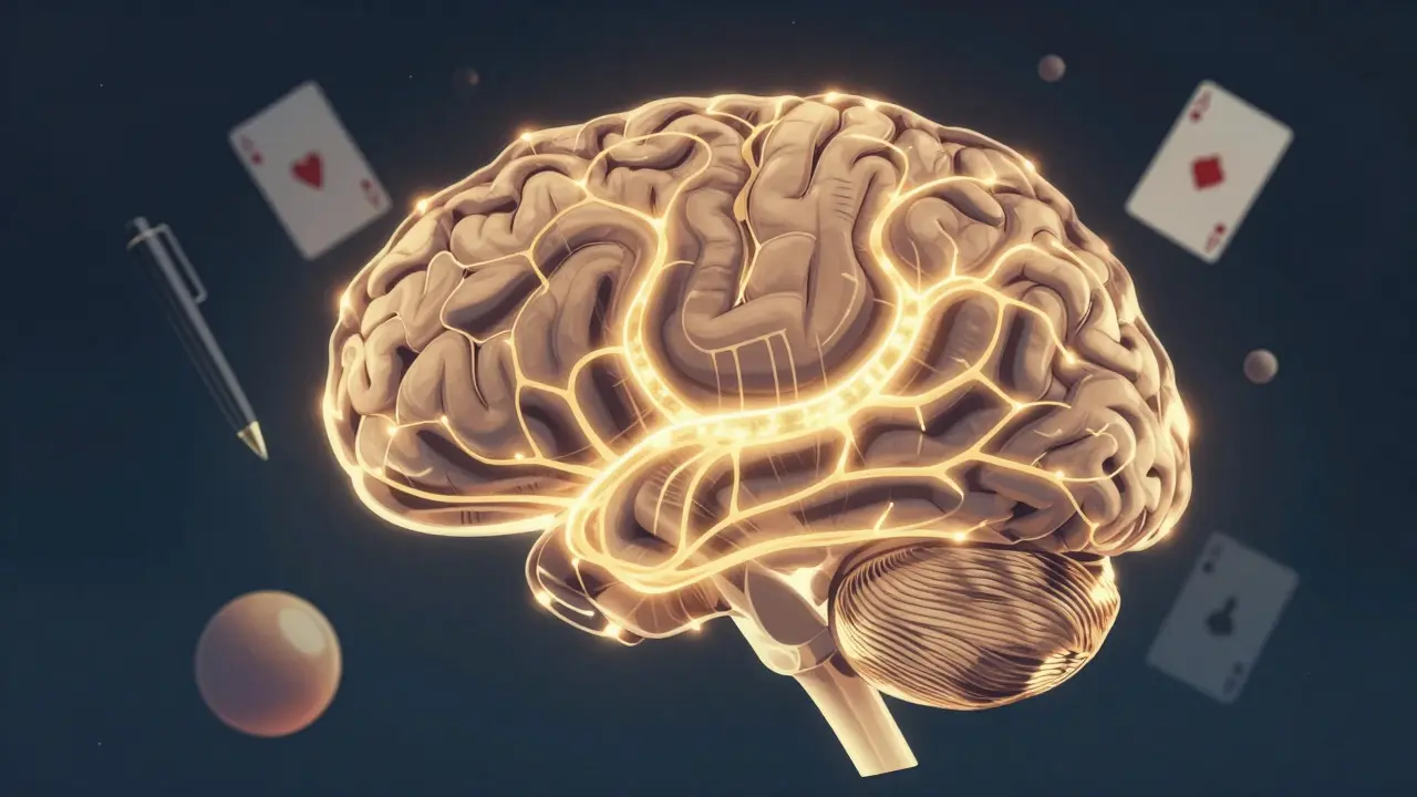 A brain illuminated with neural pathways linked to magic illusions like cards and a pen click.
