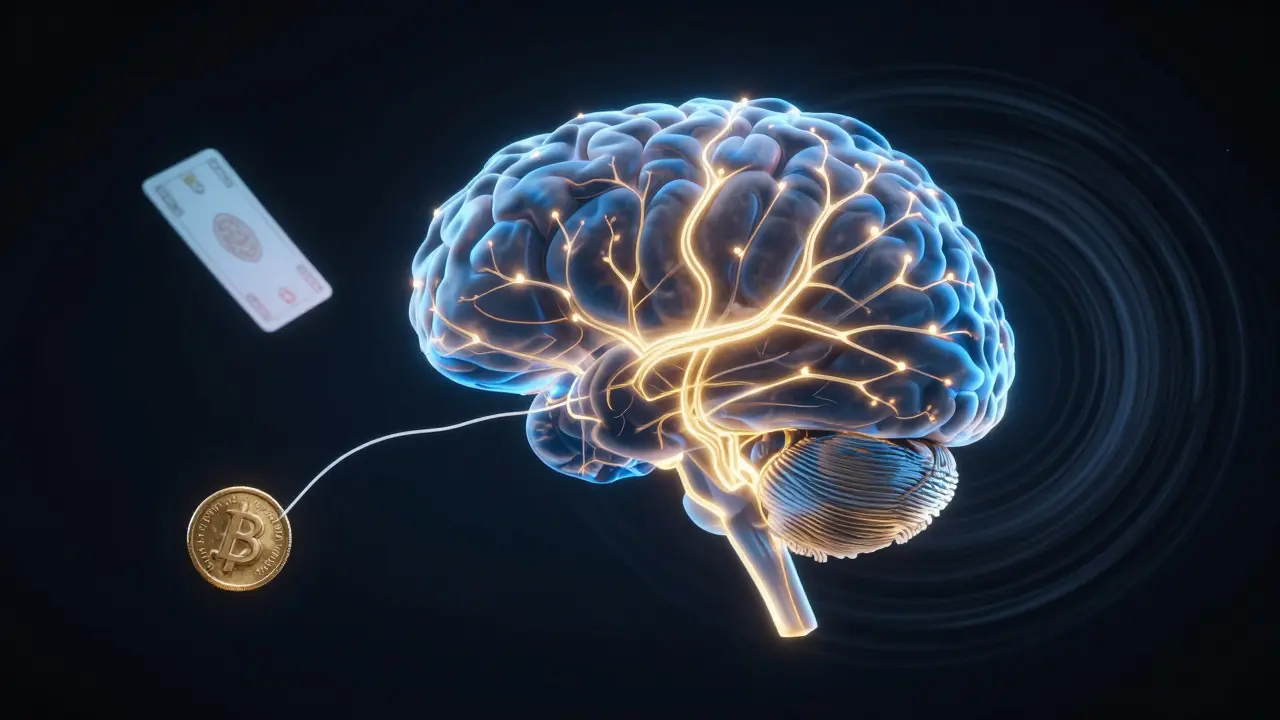 A brain with glowing pathways connected to illusions like a floating card and disappearing coin, surrounded by abstract attention patterns.