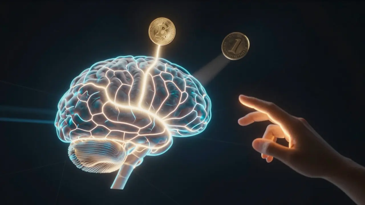 A glowing brain with neural pathways showing a visible coin and a hidden one, symbolizing misdirection.