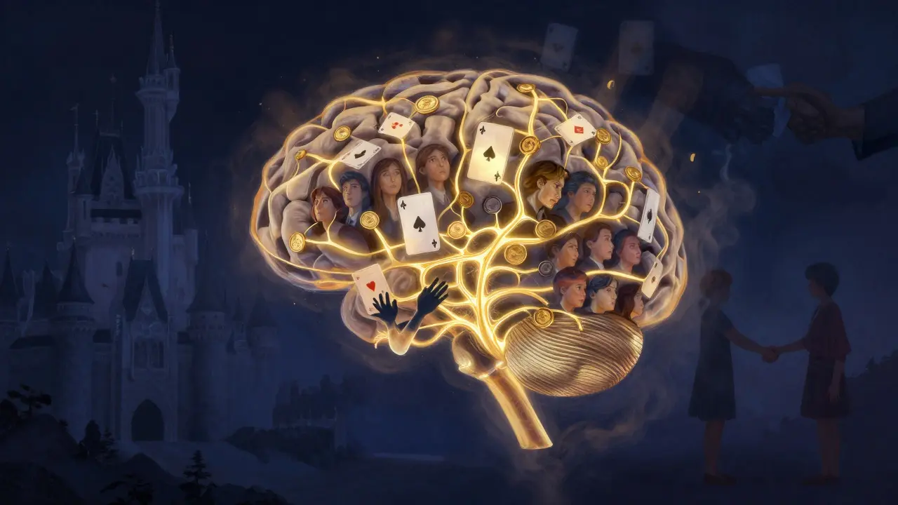 A glowing human brain with neural pathways shaped like magic tricks, symbolizing psychology and wonder.