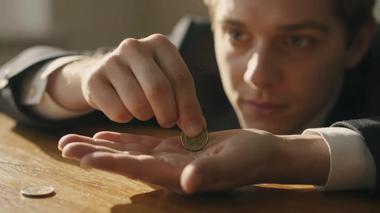 A hand covering a coin on a table, with subtle motion suggesting misdirection and hidden sleight.