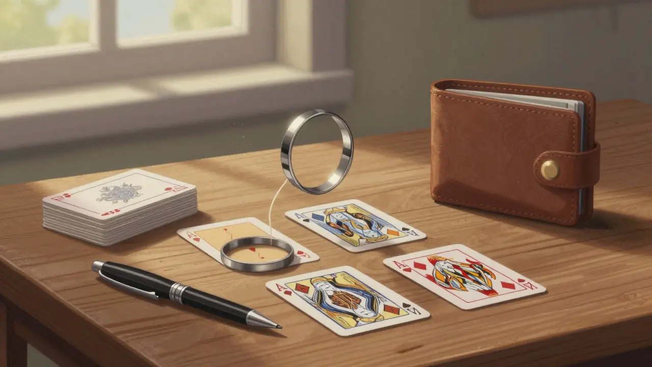 A magic trick kit on a wooden table with cards, a split pen, a floating ring, and a wallet showing hidden mechanisms.