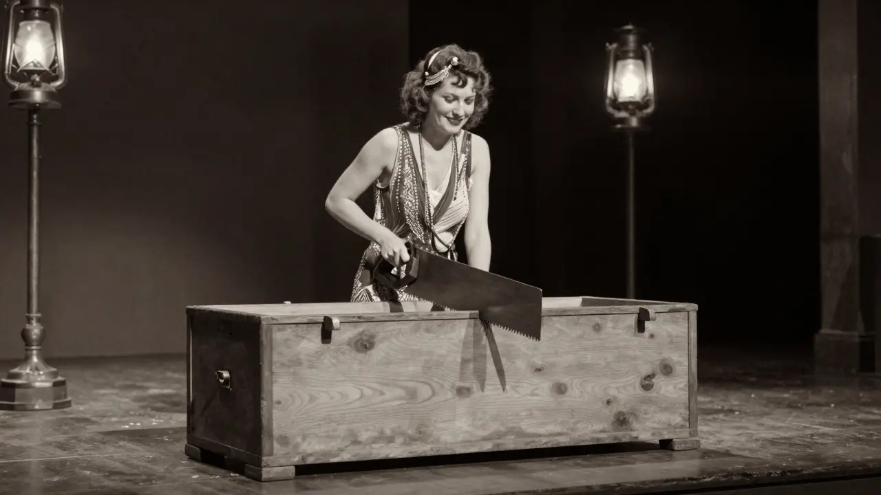 A magician saws a wooden box in half while a woman inside smiles, vintage stage setting with gas lamps.