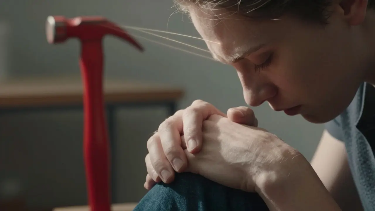 A person’s hands are clasped in concentration, with a red hammer softly visible in the blurred background.
