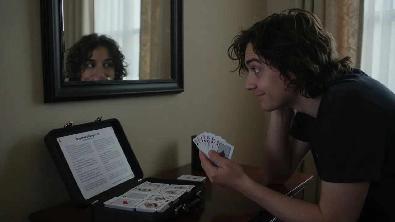 A person studying a beginner magic kit in a cozy room, with a mirror reflecting the performer's calm face instead of their hands.