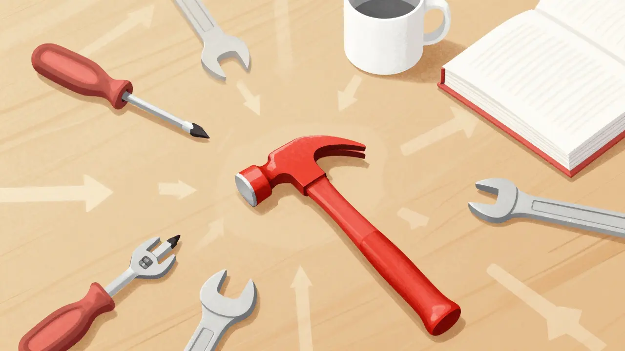 A red hammer rests at the center of a room filled with common objects, with subtle visual cues guiding attention toward it.