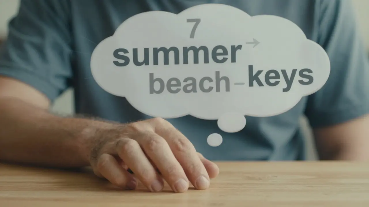 A thought bubble with words like '7', 'summer', and 'keys' linked by invisible influences.