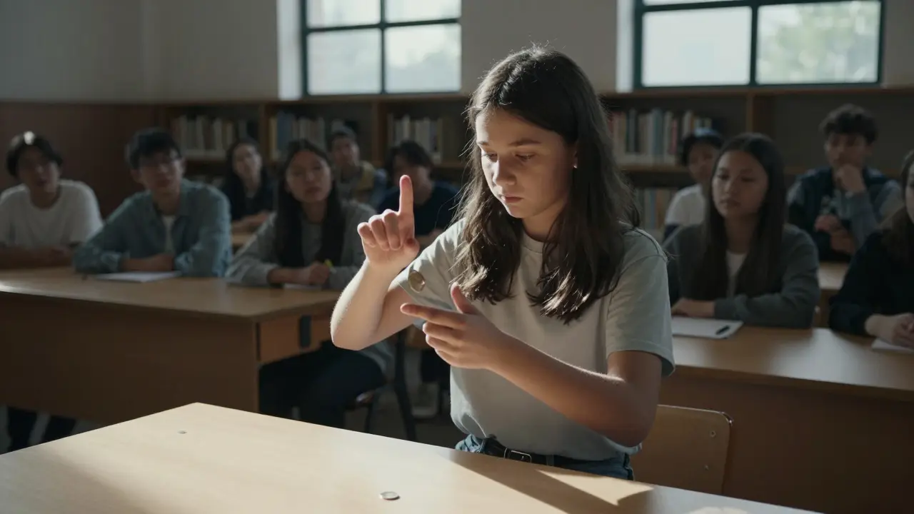 A young performer executes a coin vanish at a library, capturing the quiet awe of the audience.