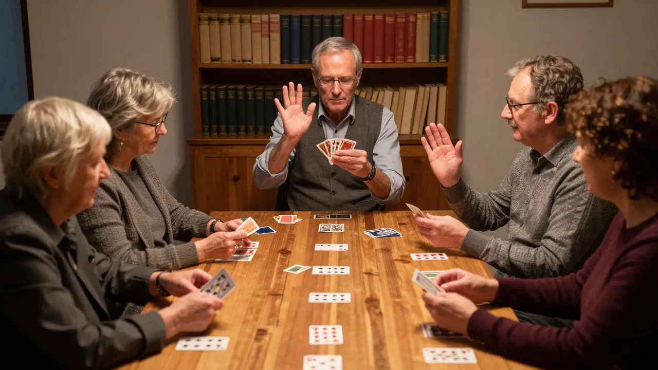 Adults of various ages practice card magic together in a quiet room, focused and calm.