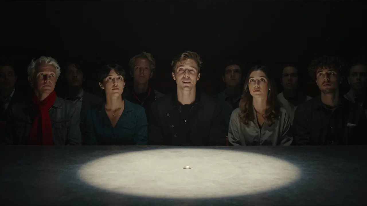 An audience in awe under a spotlight, one person blinking as a coin vanishes from the stage.