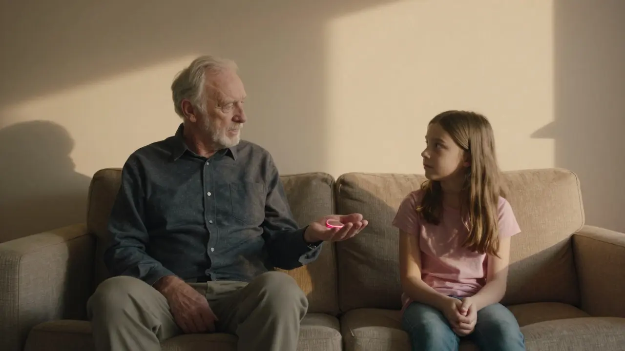 An elderly man and young girl sit in silent awe after a trick, a rubber band resting in the man's palm, no words spoken.
