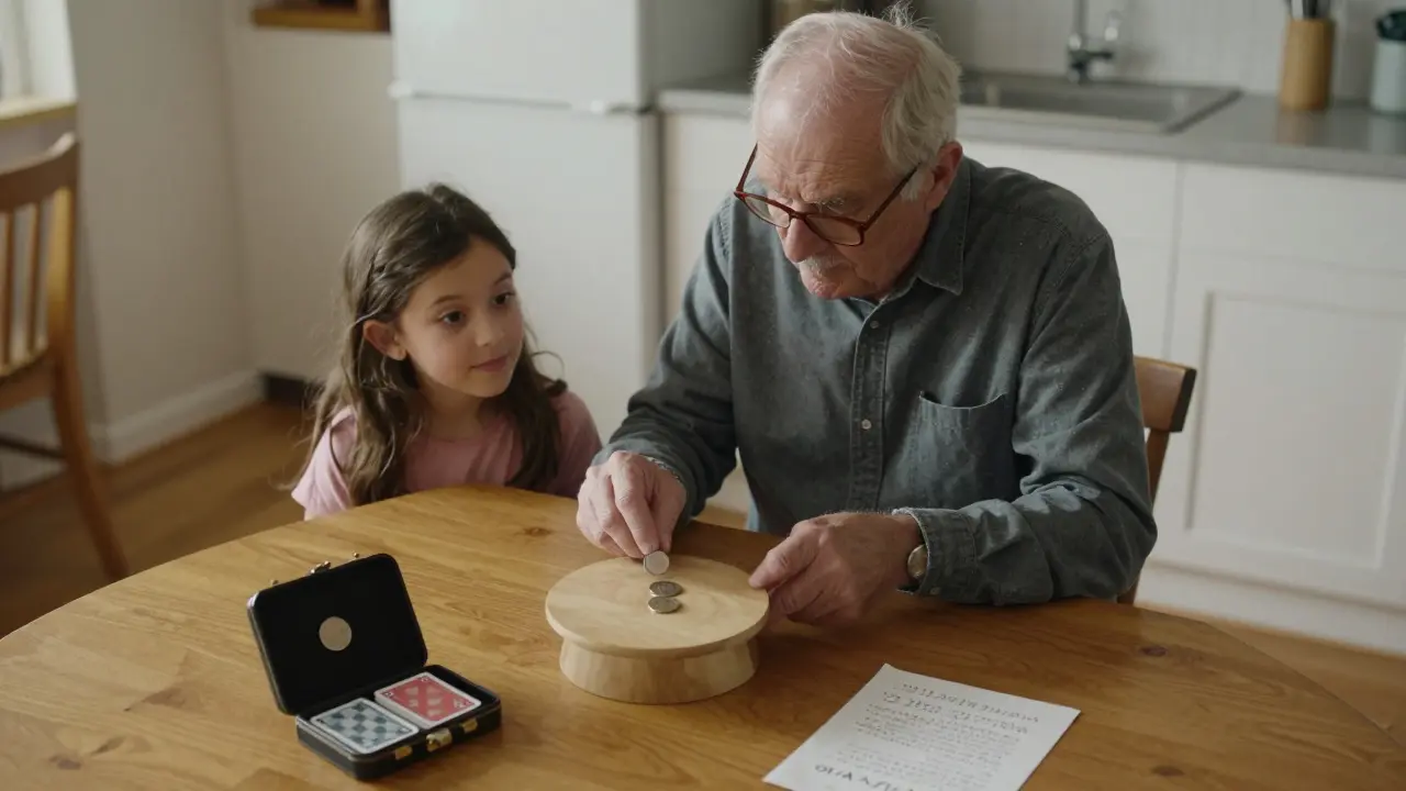 An elderly man teaches a coin trick to his granddaughter at the kitchen table, smiling warmly.
