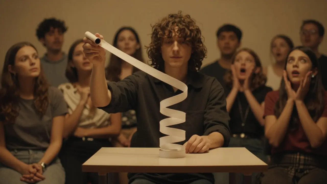 An endless ribbon being pulled from a sleeve, stretching across a room as onlookers stare in wonder.