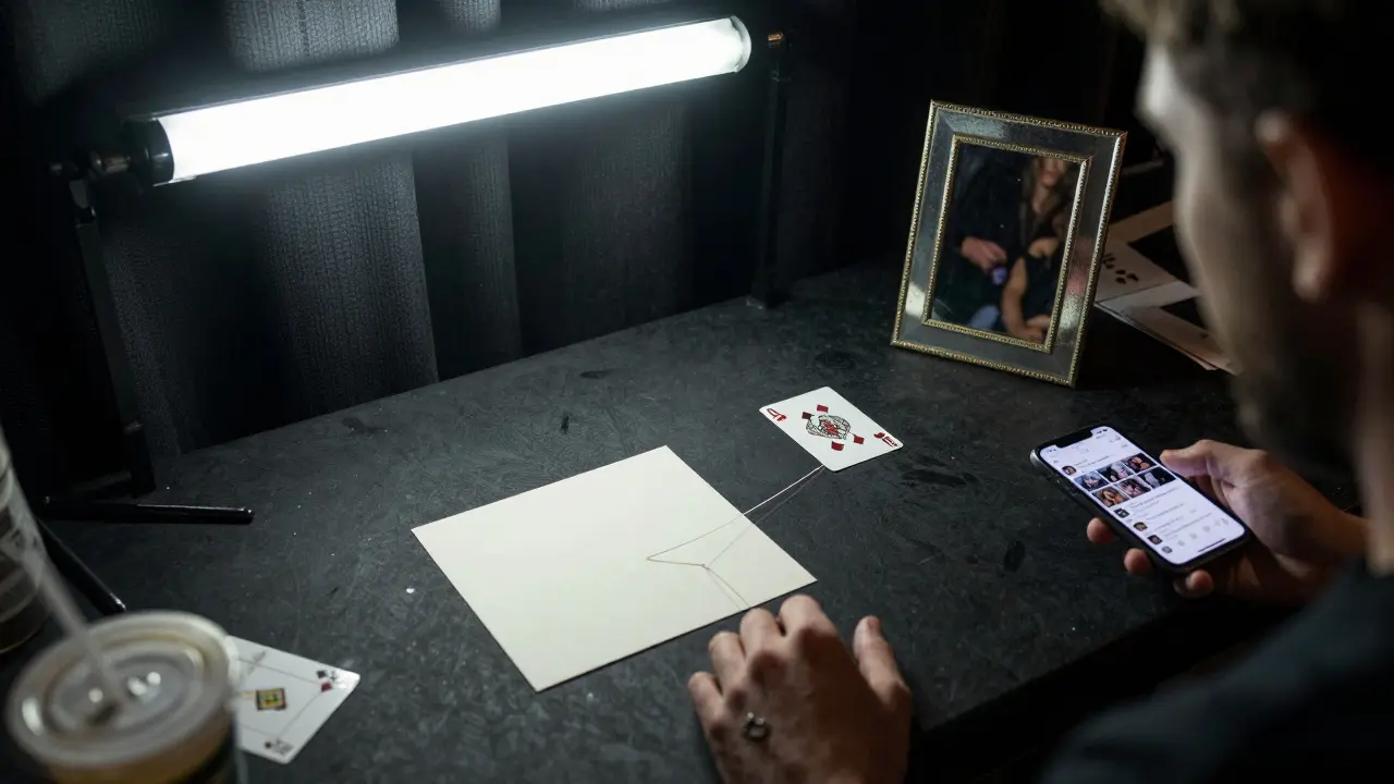 Backstage table with hidden tools of mentalism: thread, mirror, note, and smartphone, lit by harsh fluorescent light.