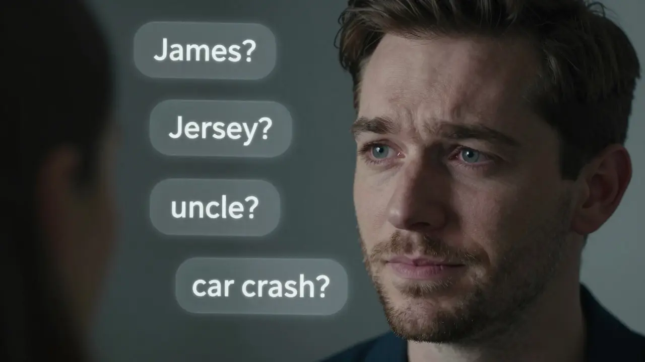 Close-up of a mentalist observing an audience member's subtle facial cues while vague guesses float nearby.