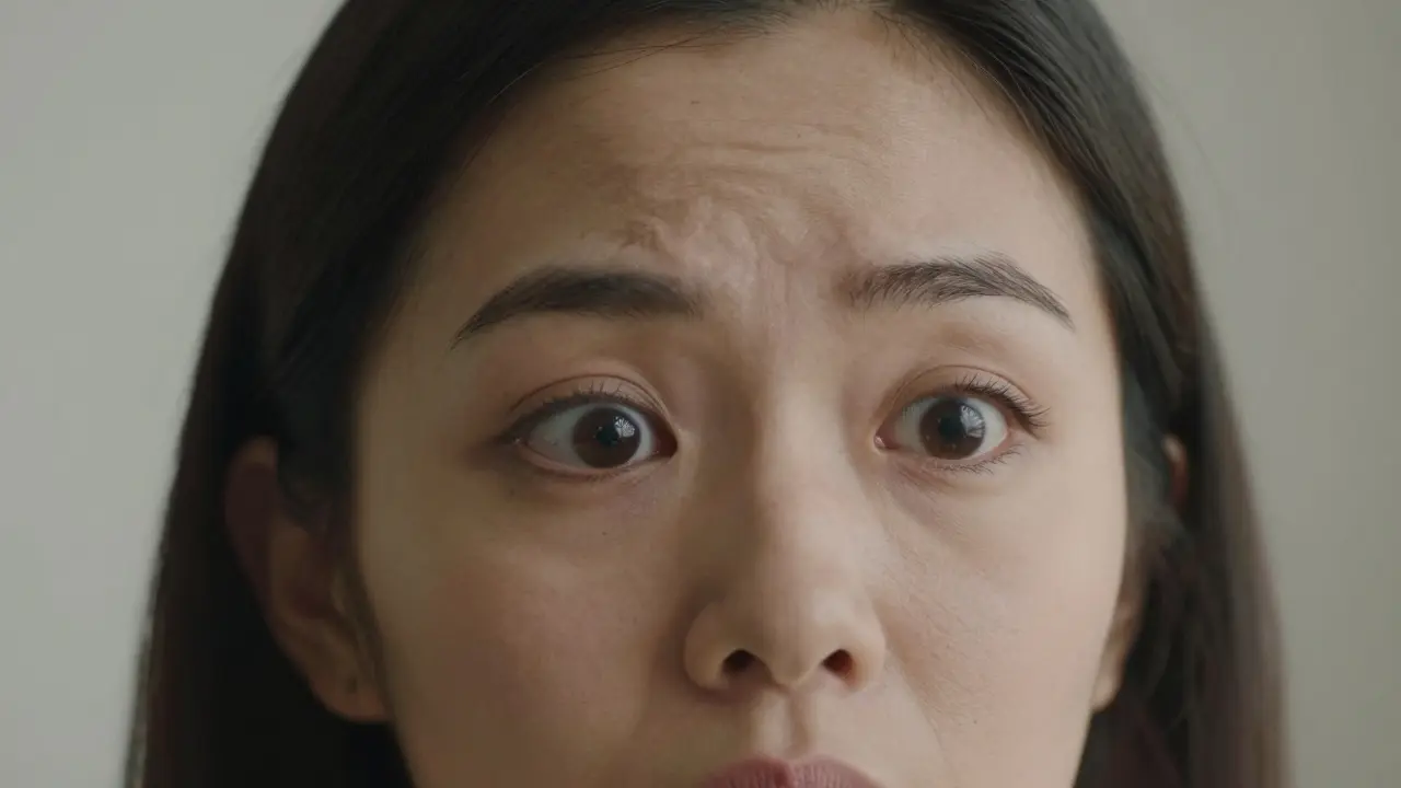 Close-up of a woman's face showing a subtle micro-expression as a mentalist observes her reaction during a performance.