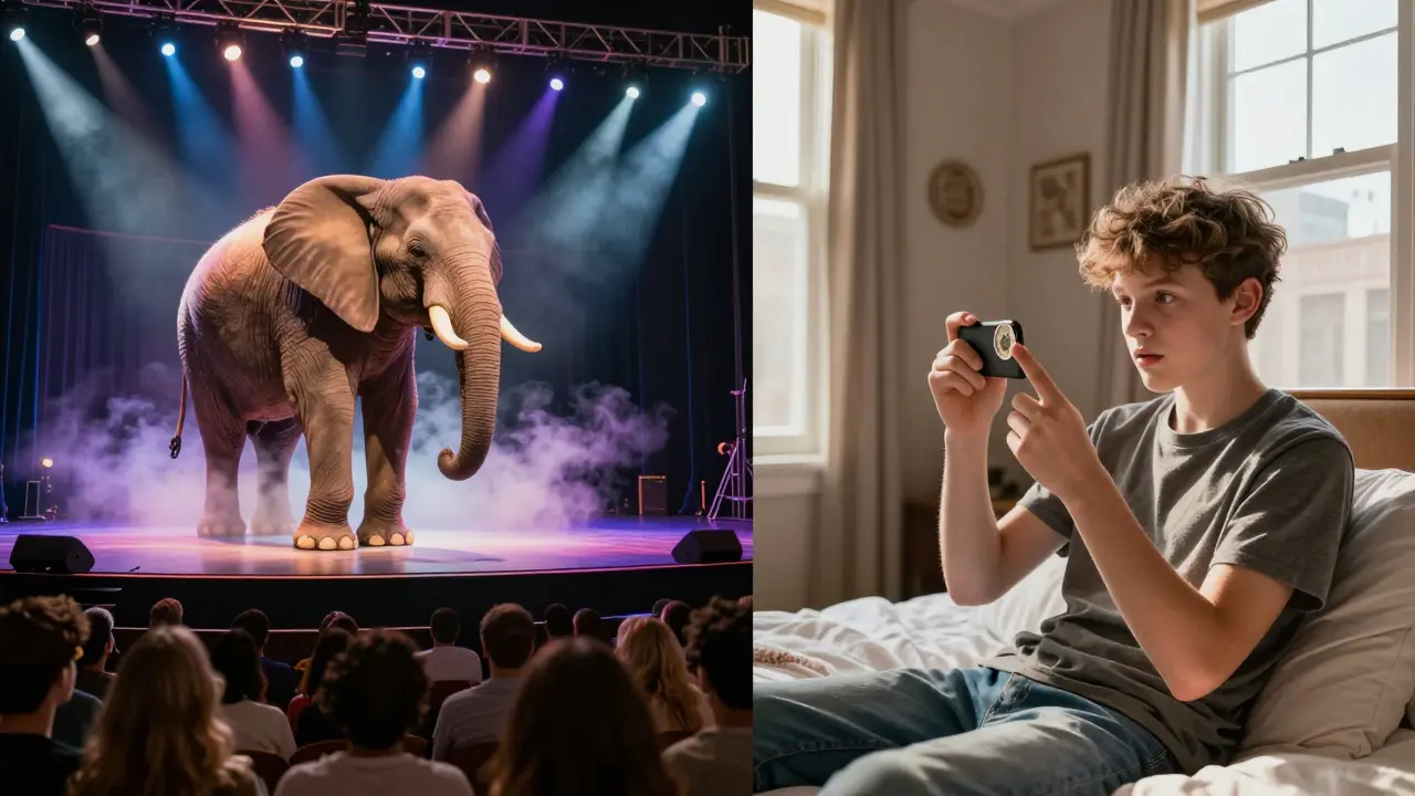 Contrasting scenes: grand Vegas illusion on one side, intimate phone-recorded coin trick on the other.