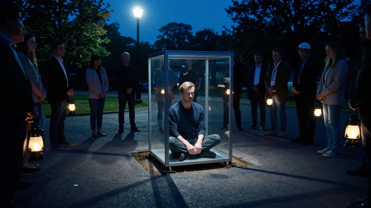 David Blaine buried alive in a transparent glass box, surrounded by onlookers at dusk.