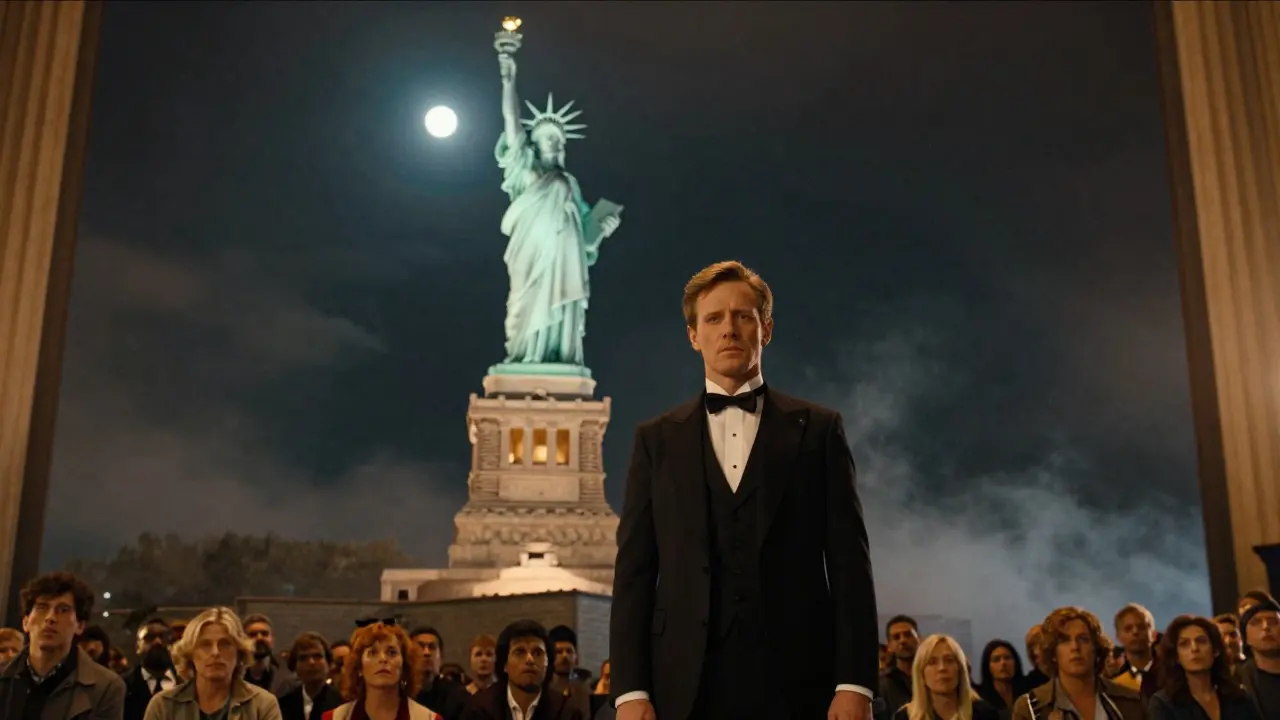 David Copperfield stands before the Statue of Liberty as lights return, crowd stunned.