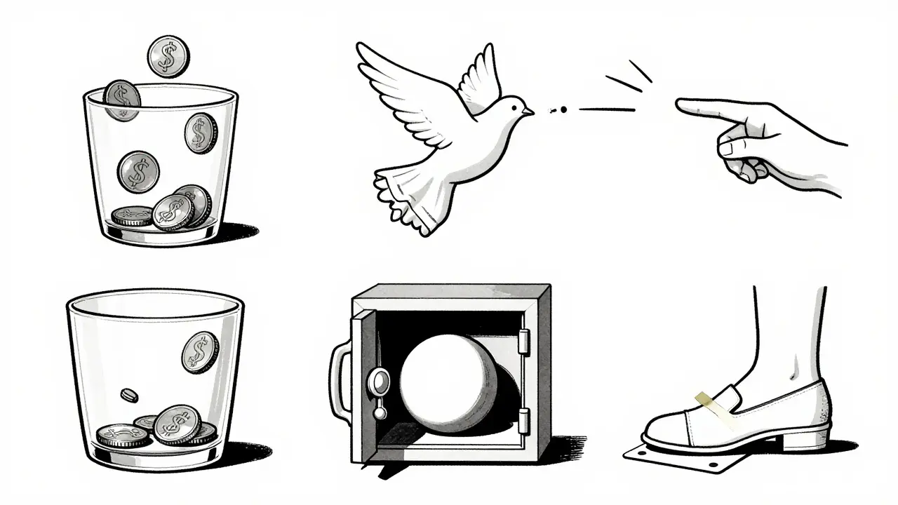 Five types of magic reveals illustrated in minimalist style: coin, dove, thought, safe, shoe.