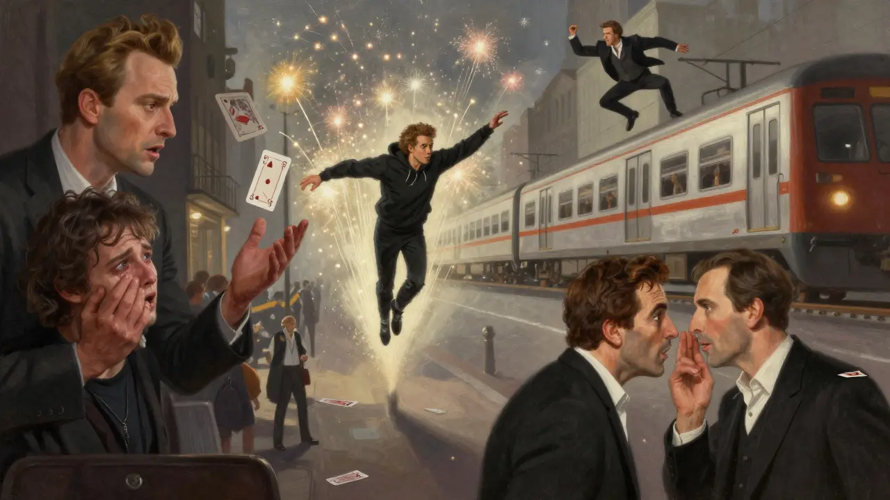 Four renowned magicians captured in iconic moments: Blaine, Dynamo, Criss Angel, and Derren Brown.