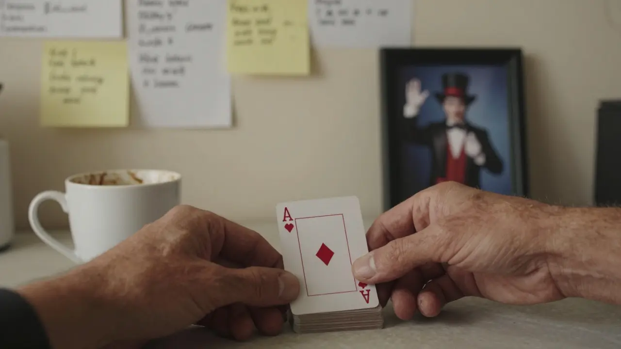 Hands placing a simple deck of cards on a kitchen table with personal notes and a coffee mug in the background.