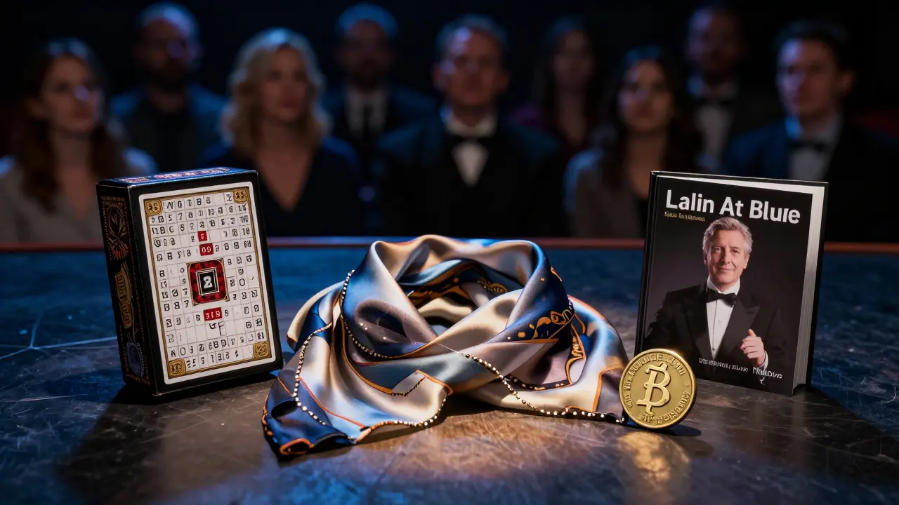 High-end magician's kit with custom deck and silk scarf under stage light.