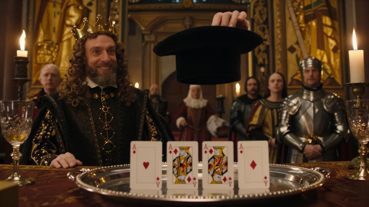 King Henry VIII watches in awe as a court magician reveals all four aces in a royal English court setting.