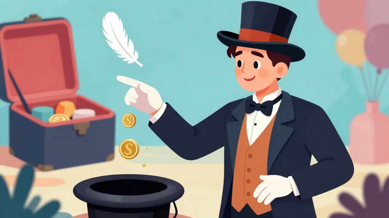 Magician distracts audience with feather while palming coin, kit visible.