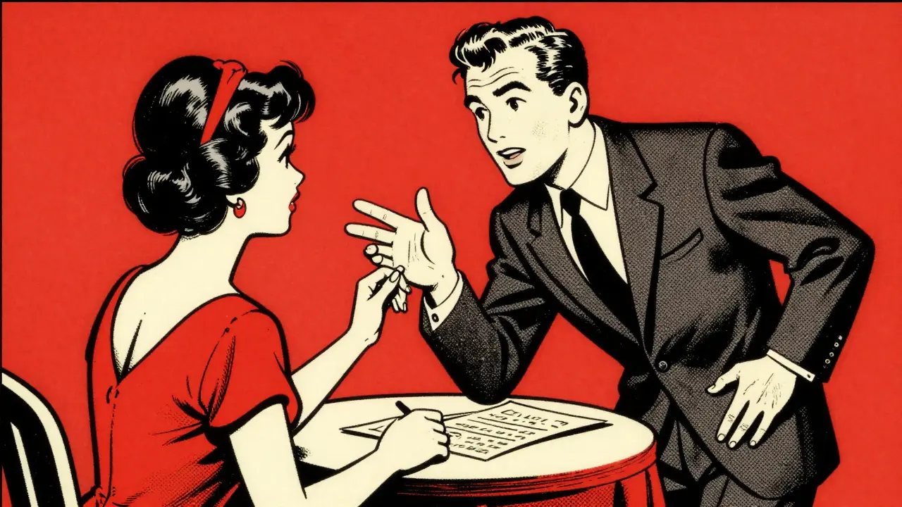 Mentalist performing cold reading on woman in 1950s dress