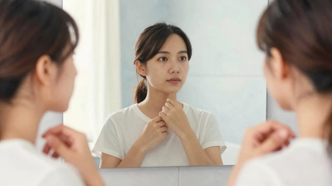 Person practicing expressions in front of bathroom mirror