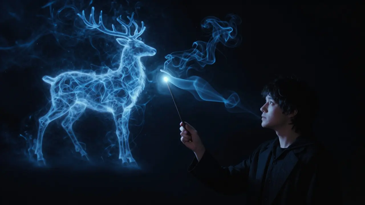 Person waving wand releasing blue smoke forming stag shape in mystical setting.