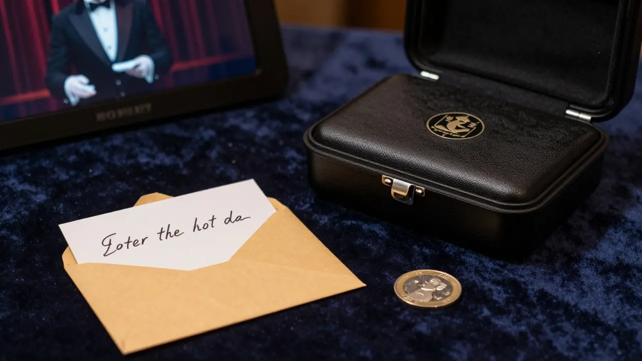 Professional magic kit with gimmicked coin and sealed envelope on velvet.