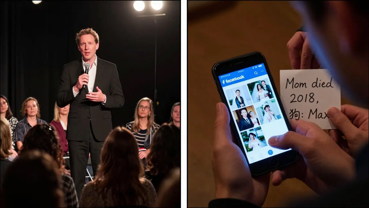 Split scene: mentalist performing as hidden research and backstage info gathering reveal the trick behind the act.