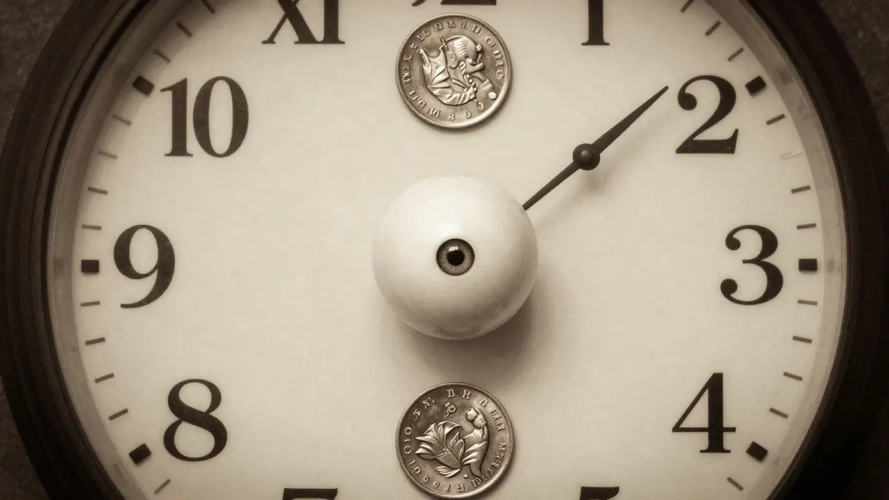 Three classic magic tricks arranged like a clock, viewed through curious eyes.