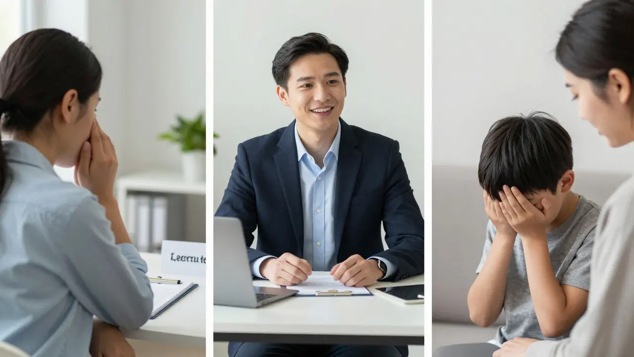 Three scenes showing mirroring in therapy, sales, and parenting interactions.