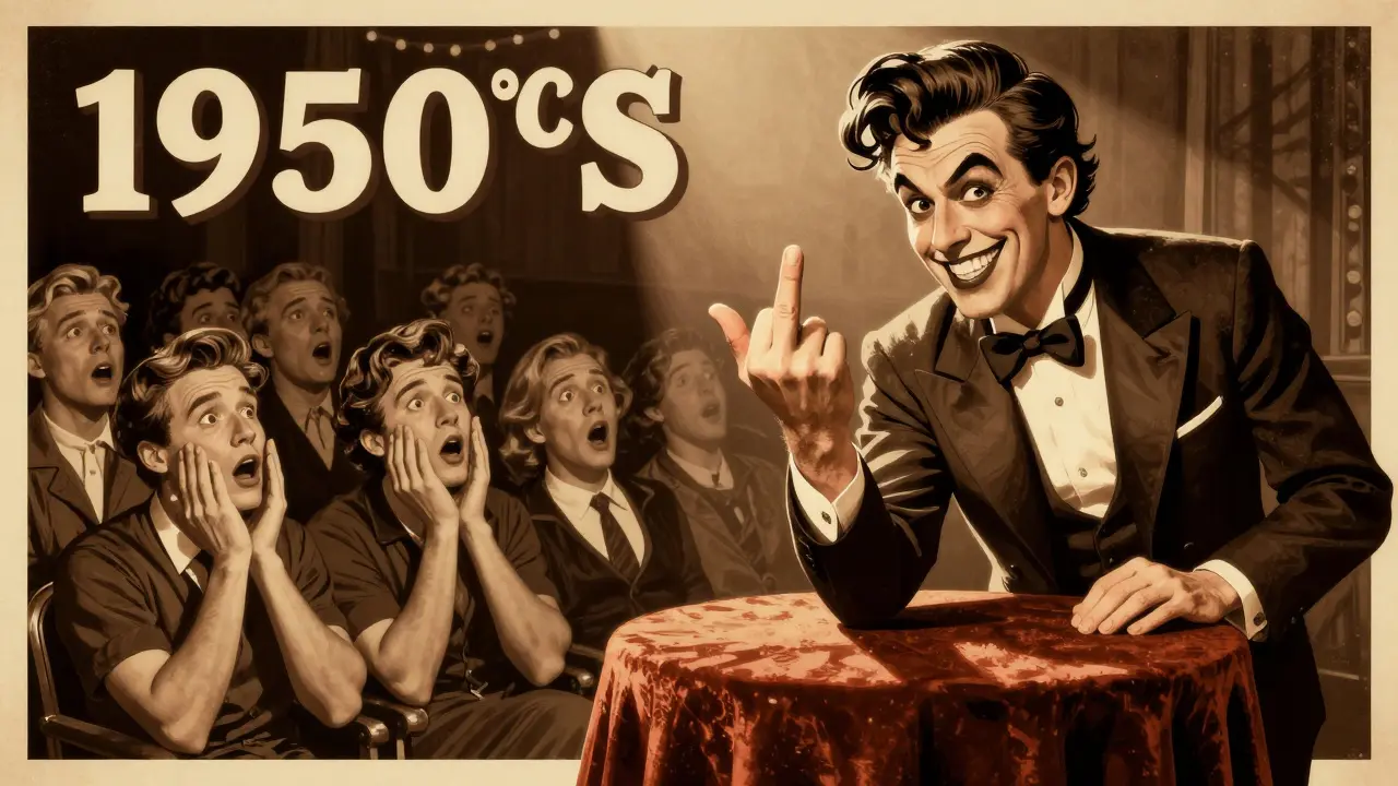 Vintage carnival performer doing the middle finger wiggle trick before an amazed crowd.