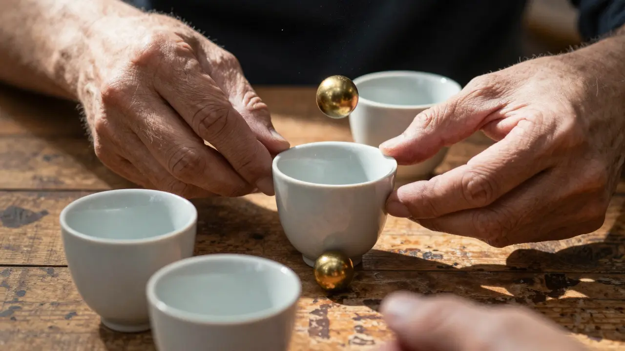 Weathered hands perform the Cups and Balls trick, balls vanishing and reappearing under ceramic cups.